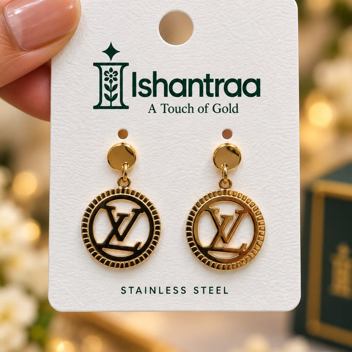 ISHANTRAA Gold Touch Monogram Medallion Stainless Steel Earrings - product photo 1