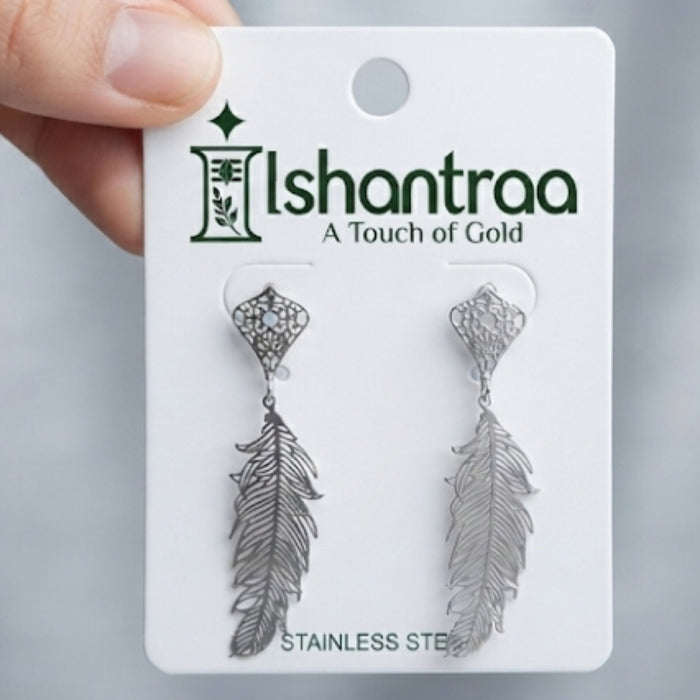 ISHANTRAA Silver Touch Feather Drop Stainless Steel Earrings - product photo 1