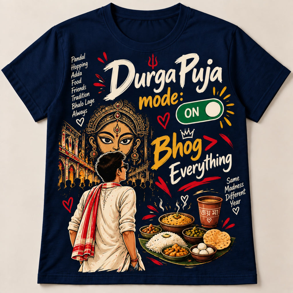 ISHANTRAA Durga Puja Mode ON Bhog Everything navy blue T-shirt