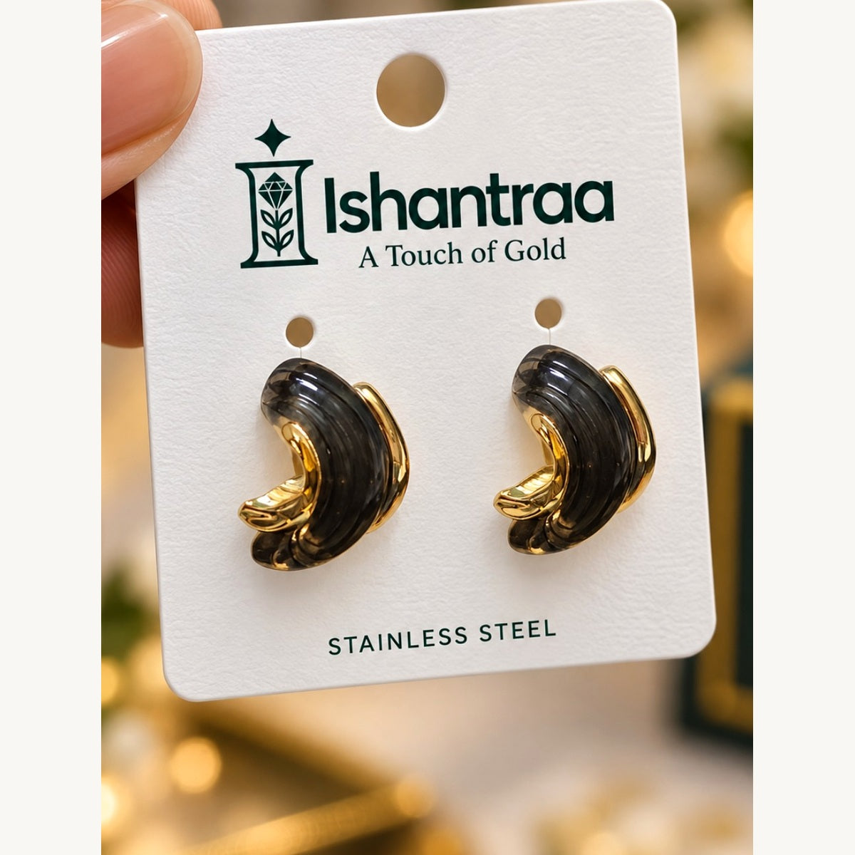 ISHANTRAA Gold Touch Black and Gold Curve Stainless Steel Earrings - front detail