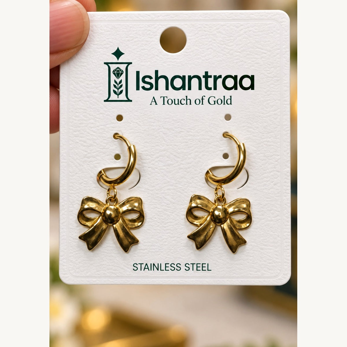 ISHANTRAA Gold Touch Bow Drop Stainless Steel Earrings - front detail