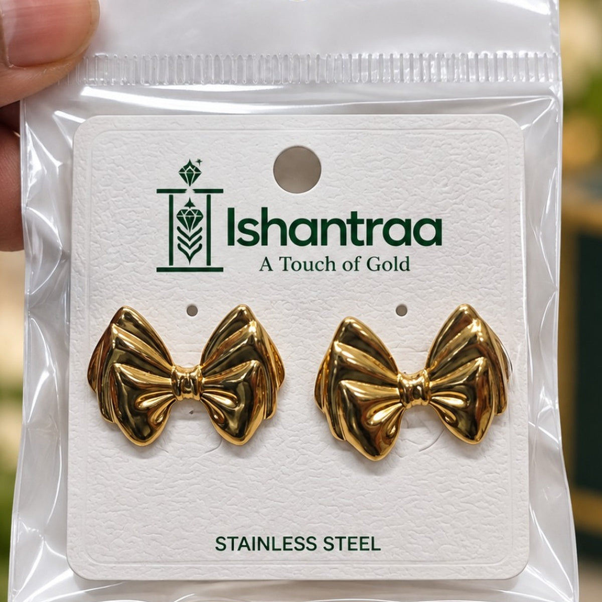 ISHANTRAA Gold Touch Bow Stud Stainless Steel Earrings - product photo 3