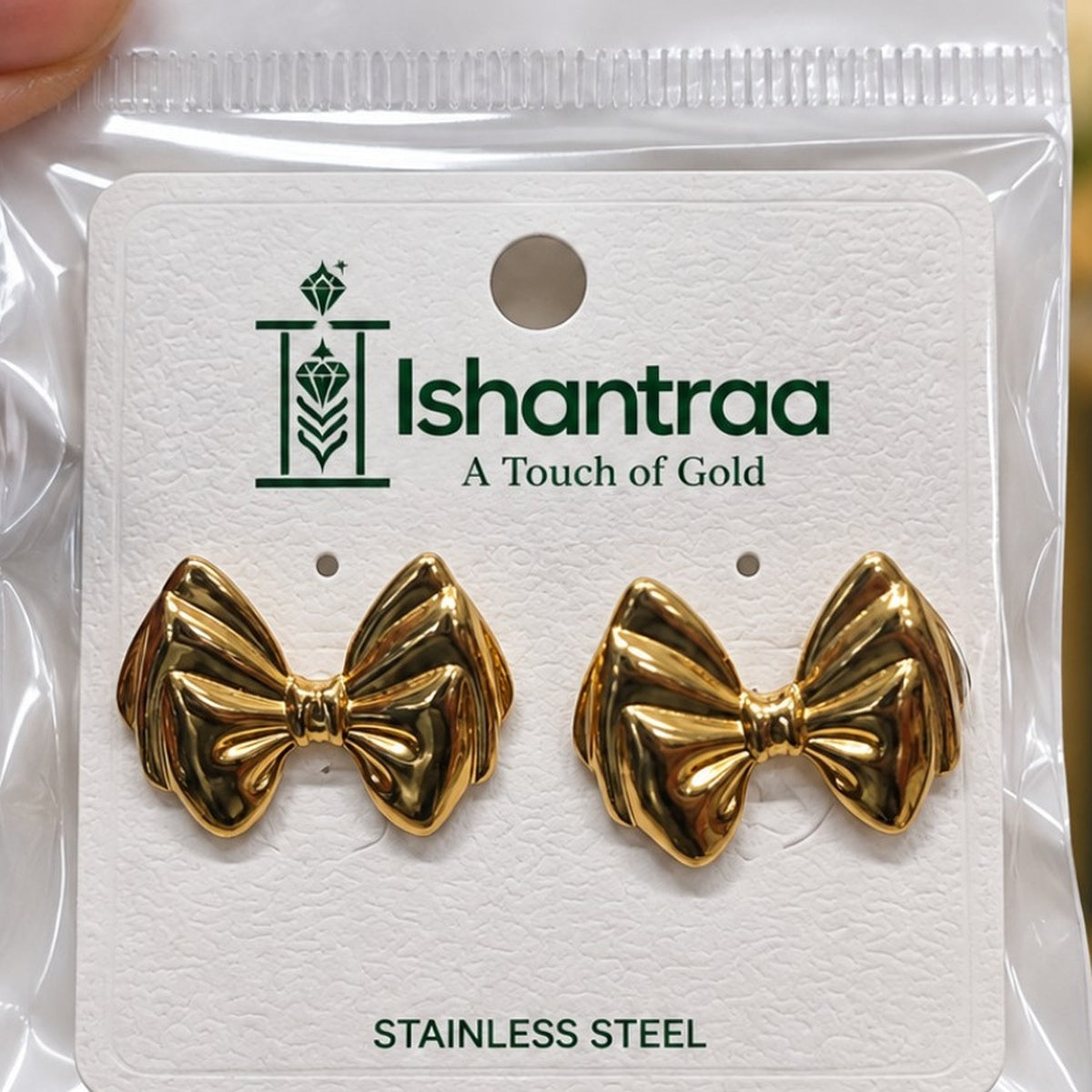 ISHANTRAA Gold Touch Bow Stud Stainless Steel Earrings - product photo 4