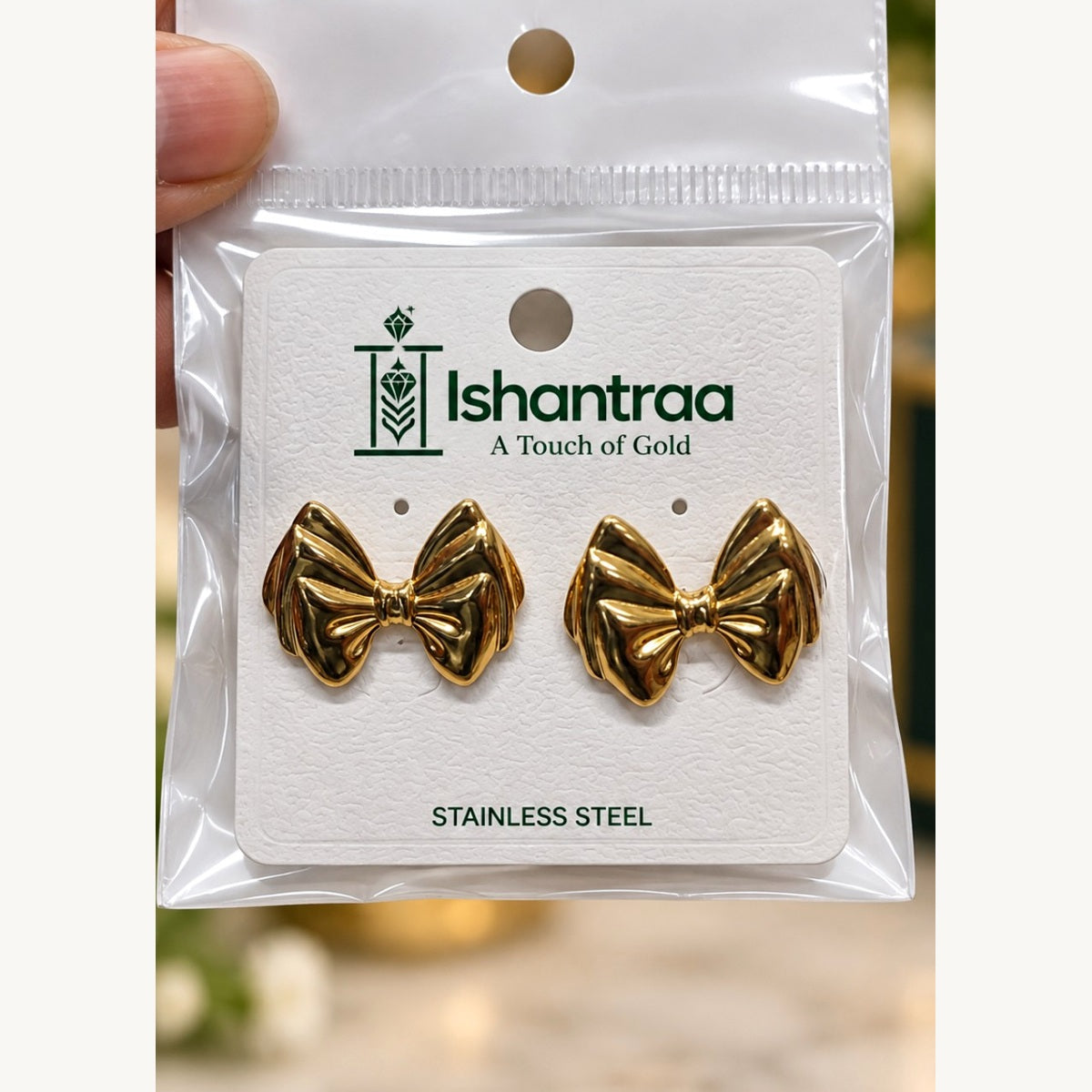 ISHANTRAA Gold Touch Bow Stud Stainless Steel Earrings - front detail