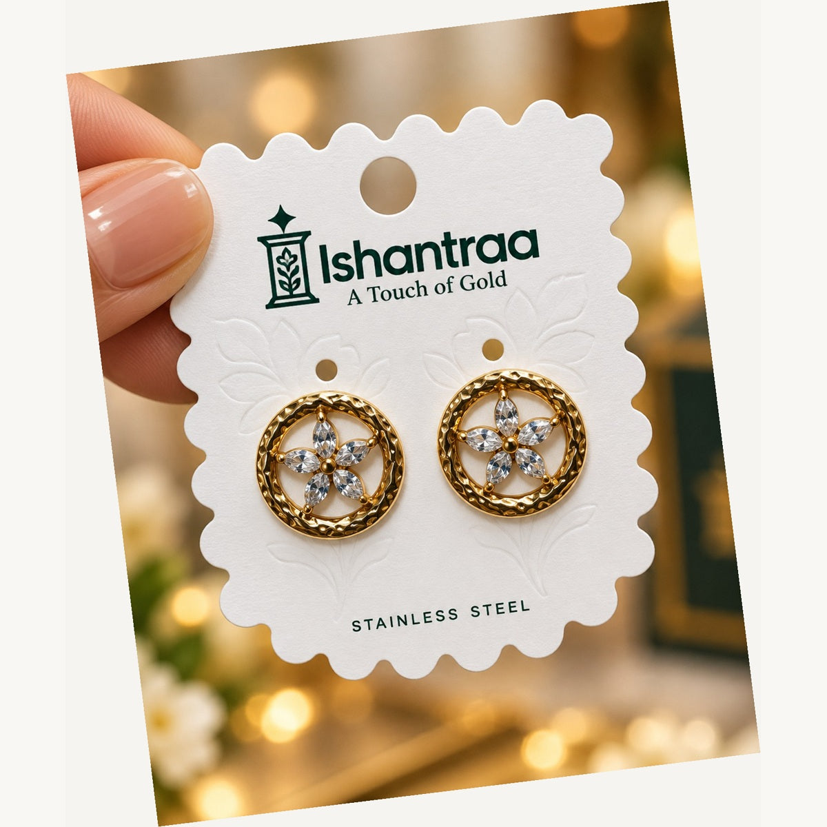 ISHANTRAA Gold Touch Crystal Flower Stainless Steel Earrings - angled view