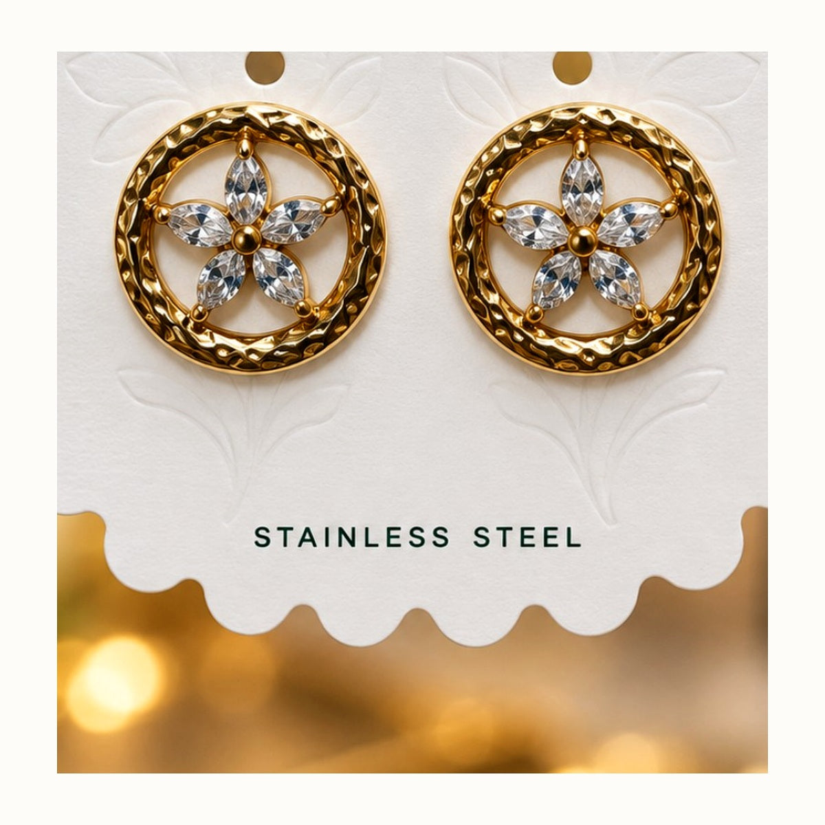 ISHANTRAA Gold Touch Crystal Flower Stainless Steel Earrings - close-up