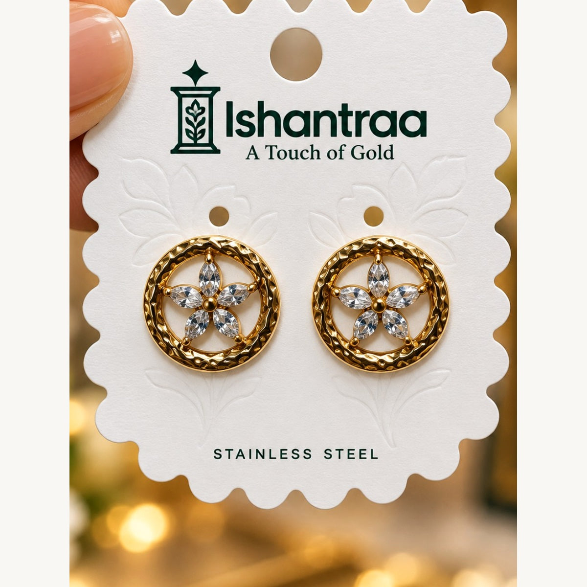 ISHANTRAA Gold Touch Crystal Flower Stainless Steel Earrings - front detail