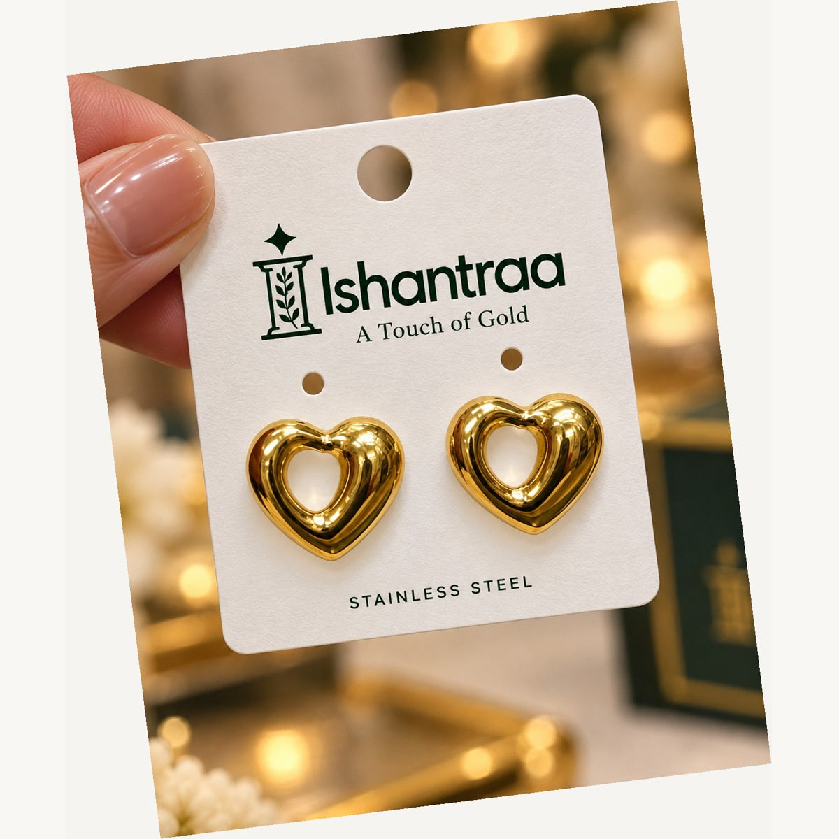 ISHANTRAA Gold Touch Heart Stainless Steel Earrings - angled view