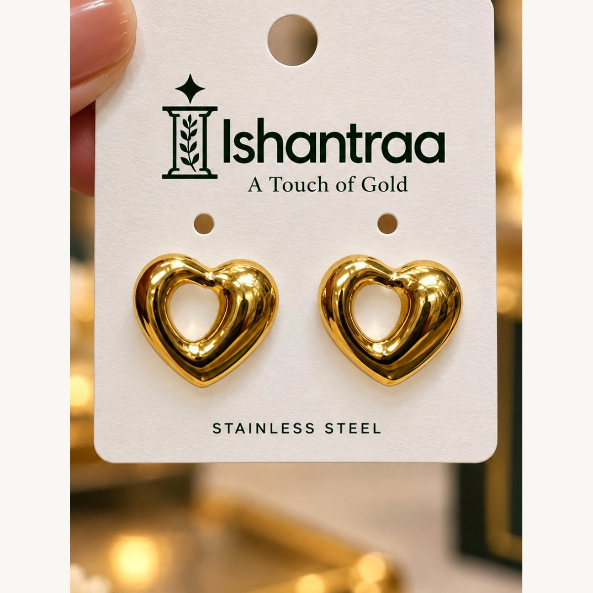 ISHANTRAA Gold Touch Heart Stainless Steel Earrings - front detail