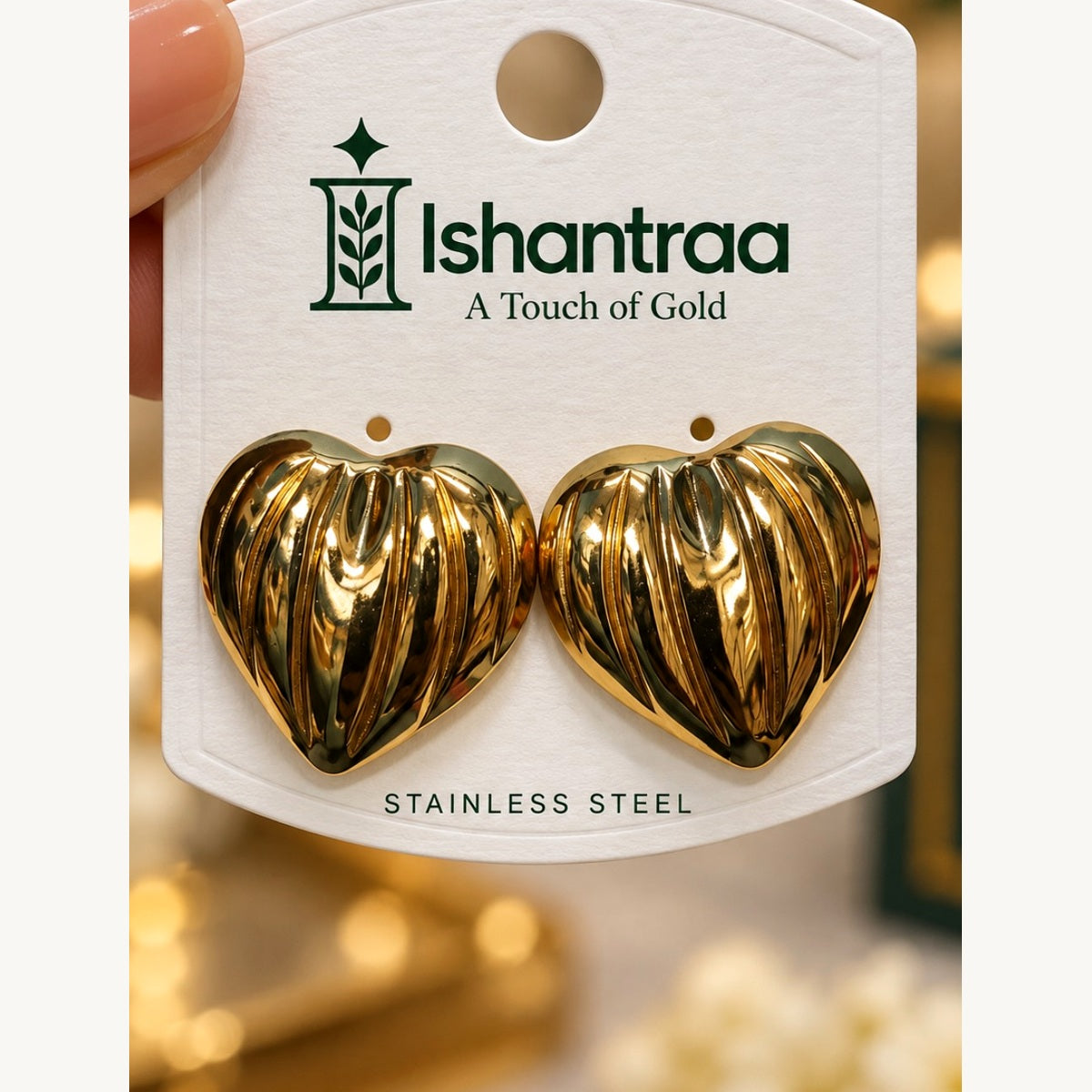 ISHANTRAA Gold Touch Heart Statement Stainless Steel Earrings - front detail