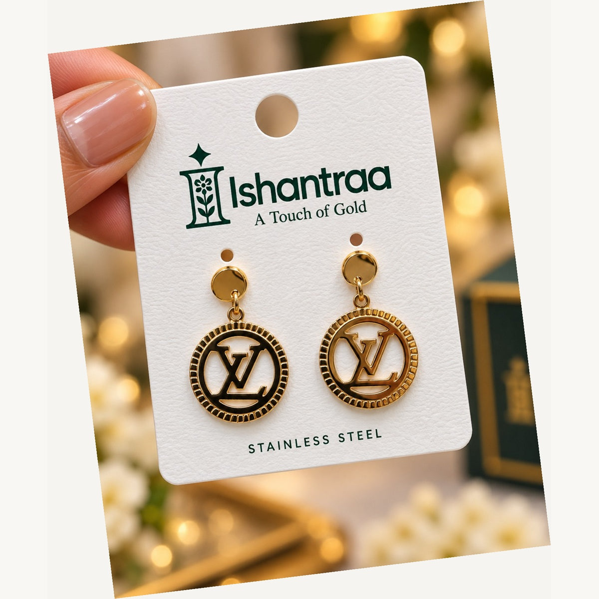 ISHANTRAA Gold Touch Monogram Medallion Stainless Steel Earrings - angled view