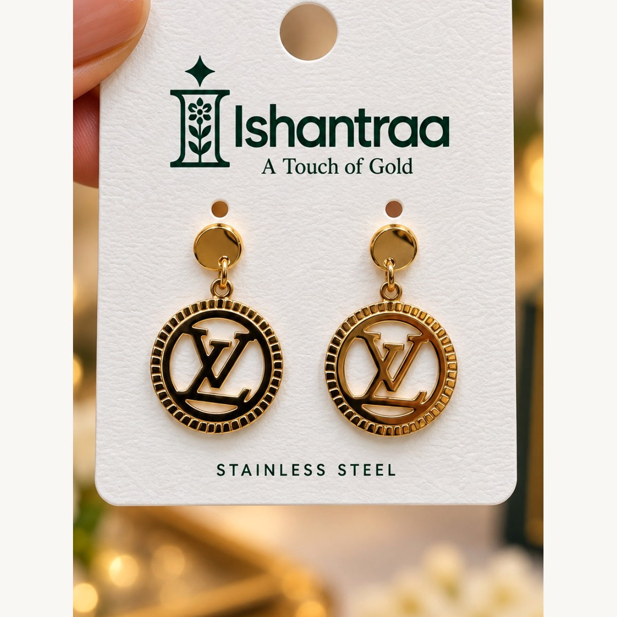 ISHANTRAA Gold Touch Monogram Medallion Stainless Steel Earrings - front detail