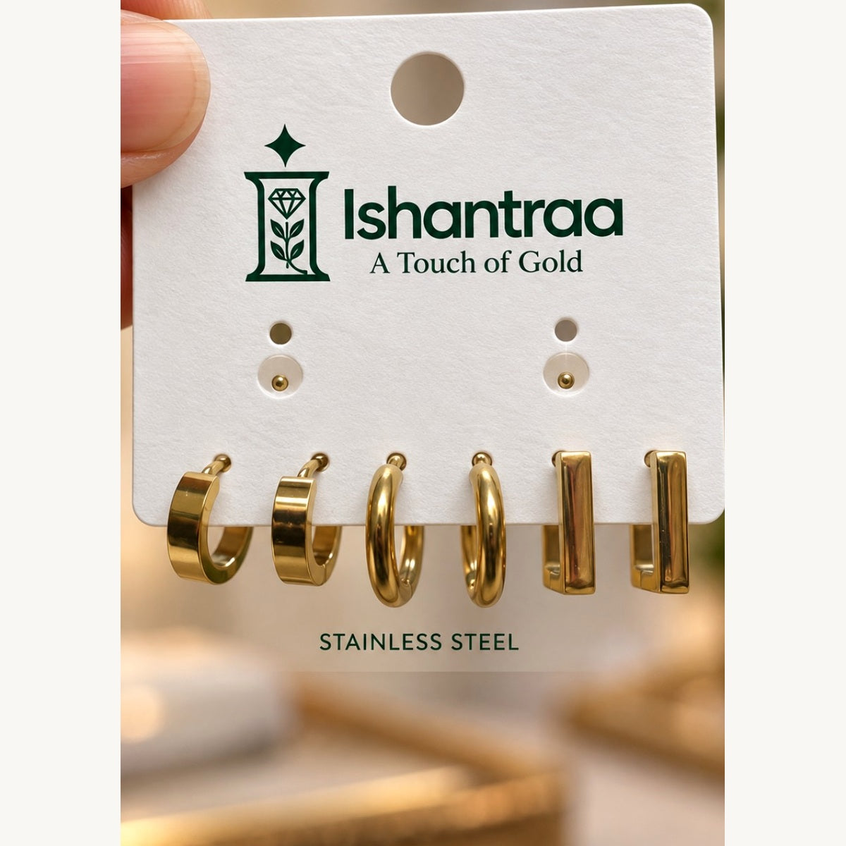 ISHANTRAA Gold Touch Twisted Hoop Stainless Steel Earrings - front detail