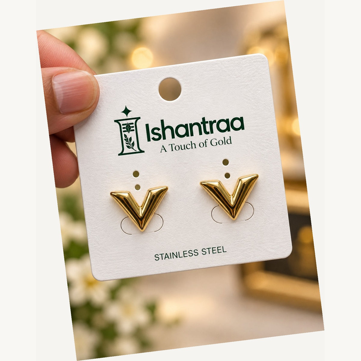 ISHANTRAA Gold Touch V Statement Stainless Steel Earrings - angled view