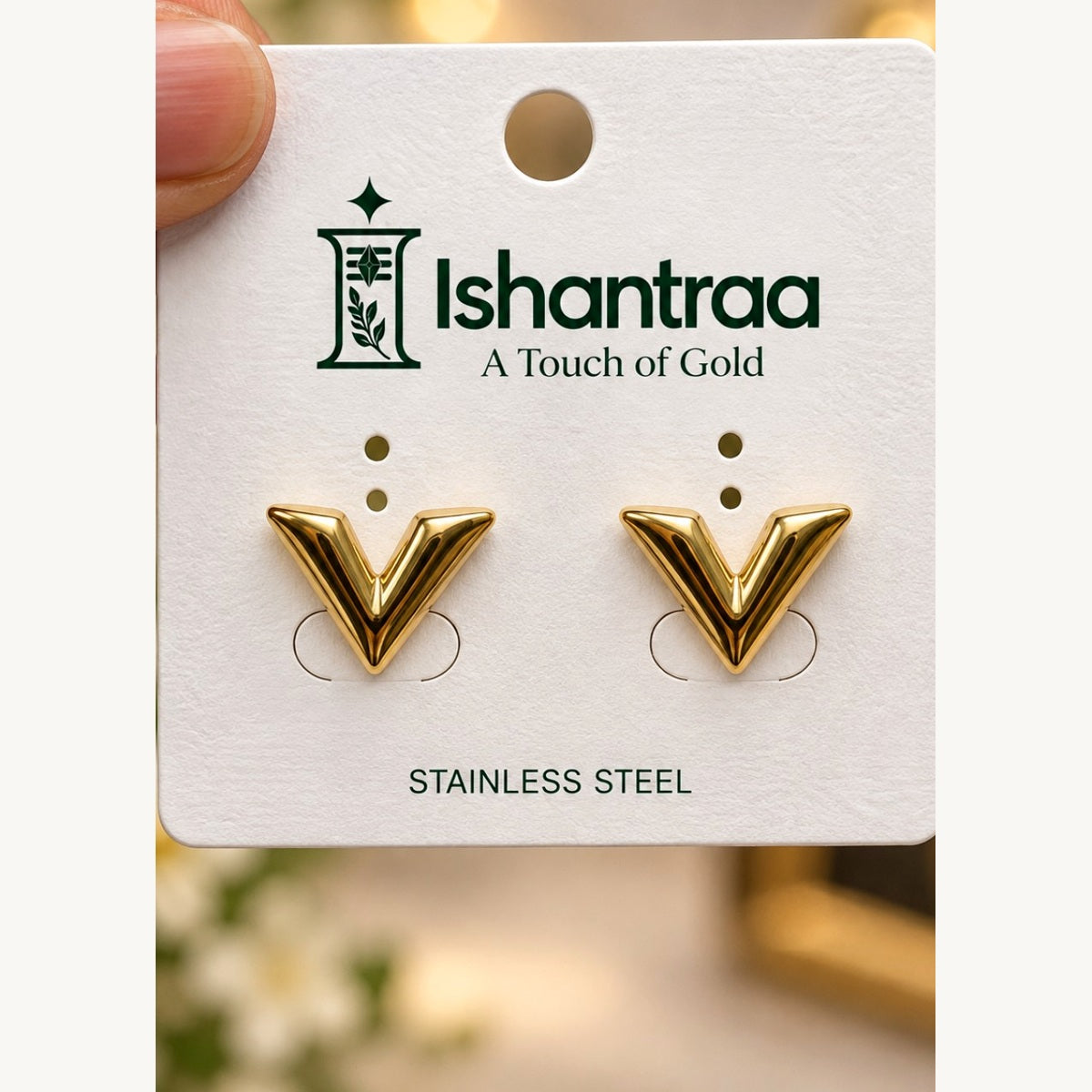 ISHANTRAA Gold Touch V Statement Stainless Steel Earrings - front detail