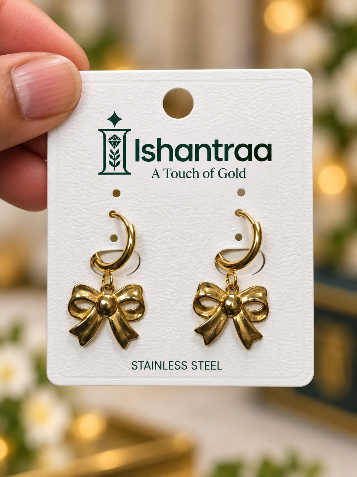 ISHANTRAA Gold Touch Bow Drop Stainless Steel Earrings
