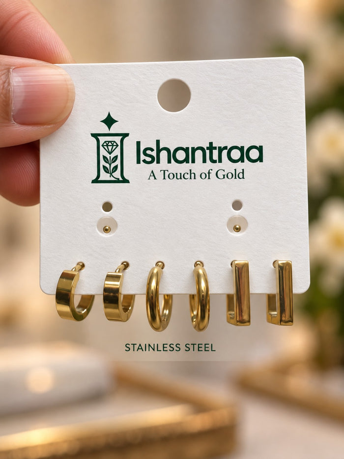ISHANTRAA Gold Touch Triple Stainless Steel Earring Set