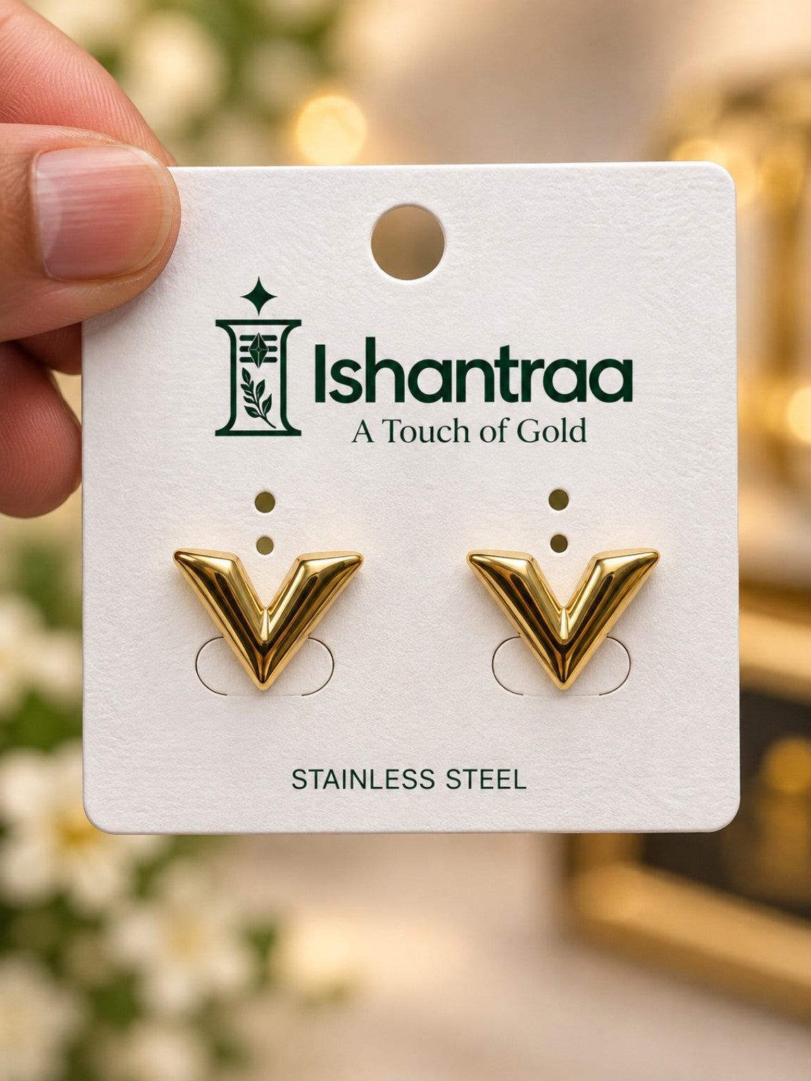 ISHANTRAA Gold Touch V Statement Stainless Steel Earrings