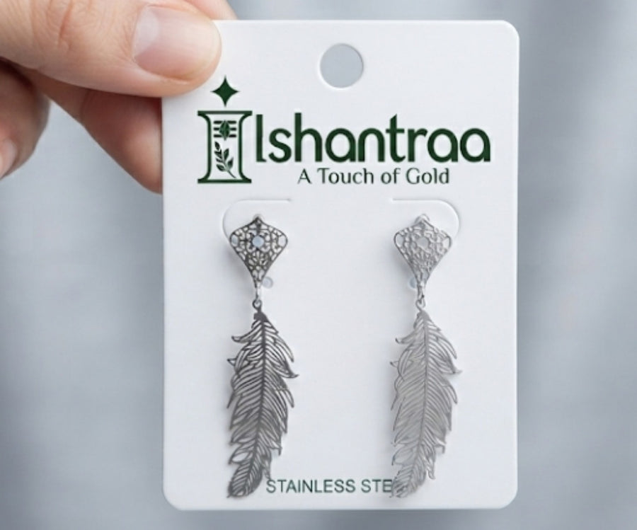 ISHANTRAA Silver Touch Feather Drop Stainless Steel Earrings