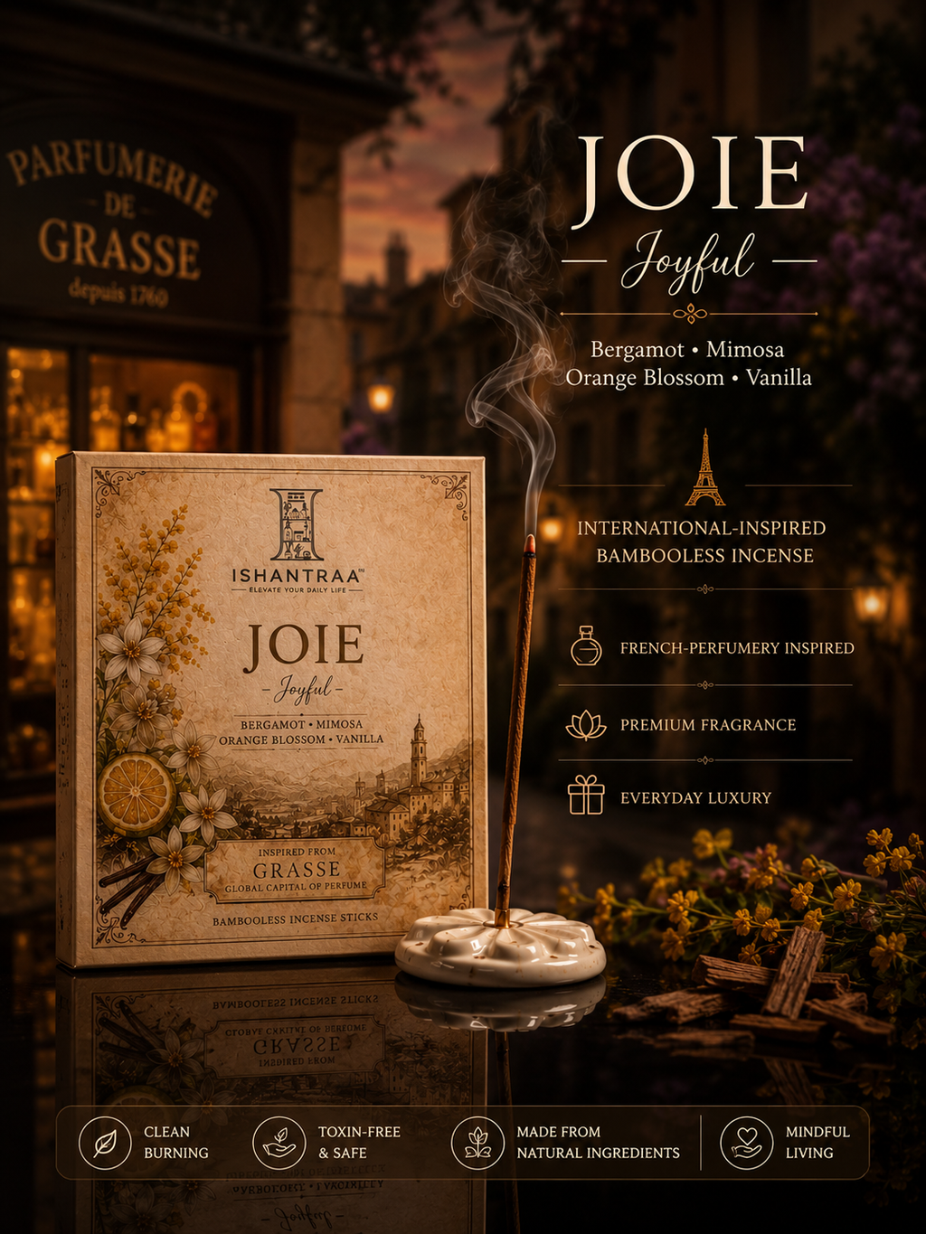 JOIE - Joyful Bambooless Incense Sticks | Bergamot, Mimosa, Orange Blossom & Vanilla | French Perfumery Inspired Fragrance | Premium Home Fragrance | 20 Sticks