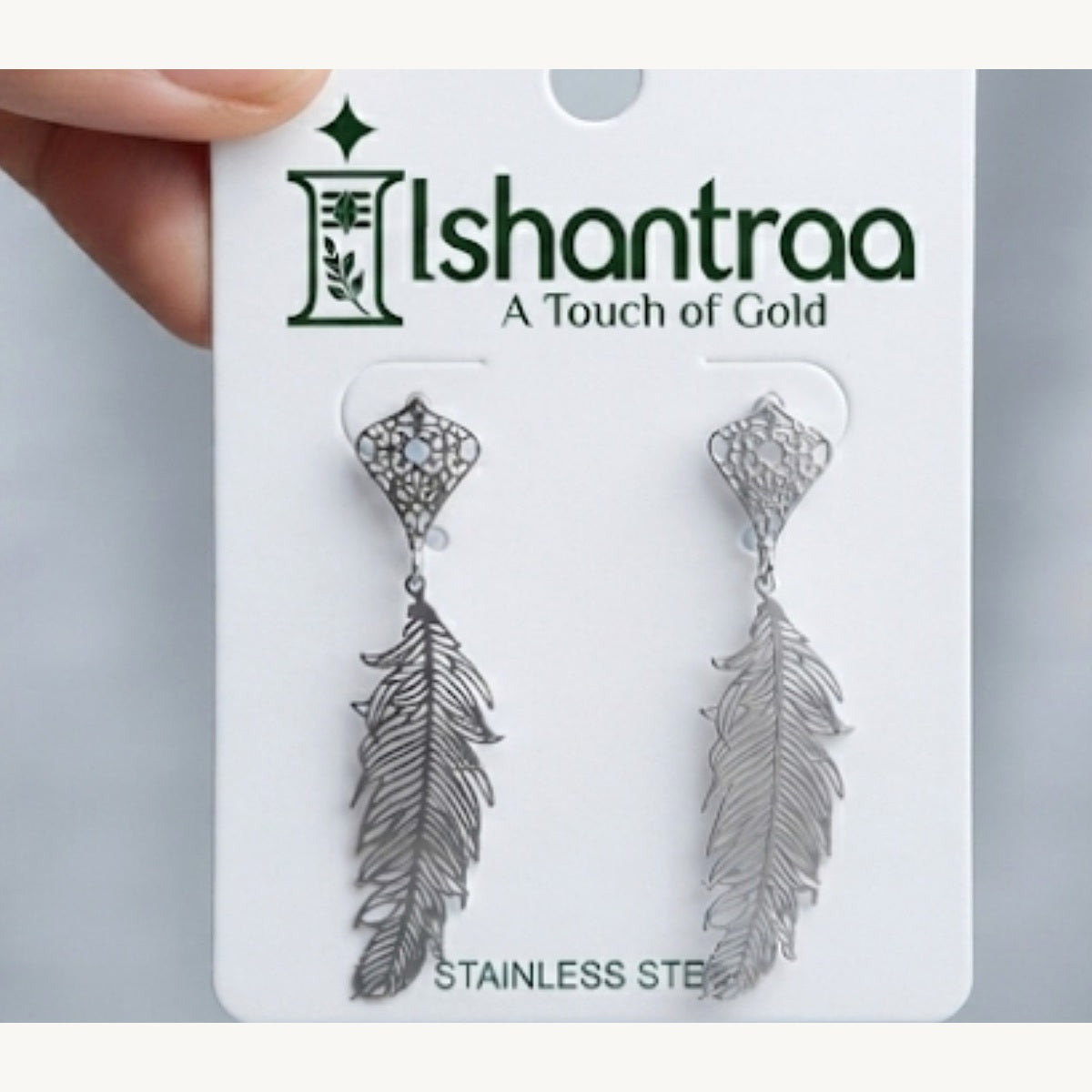 ISHANTRAA Silver Touch Feather Drop Stainless Steel Earrings - front detail